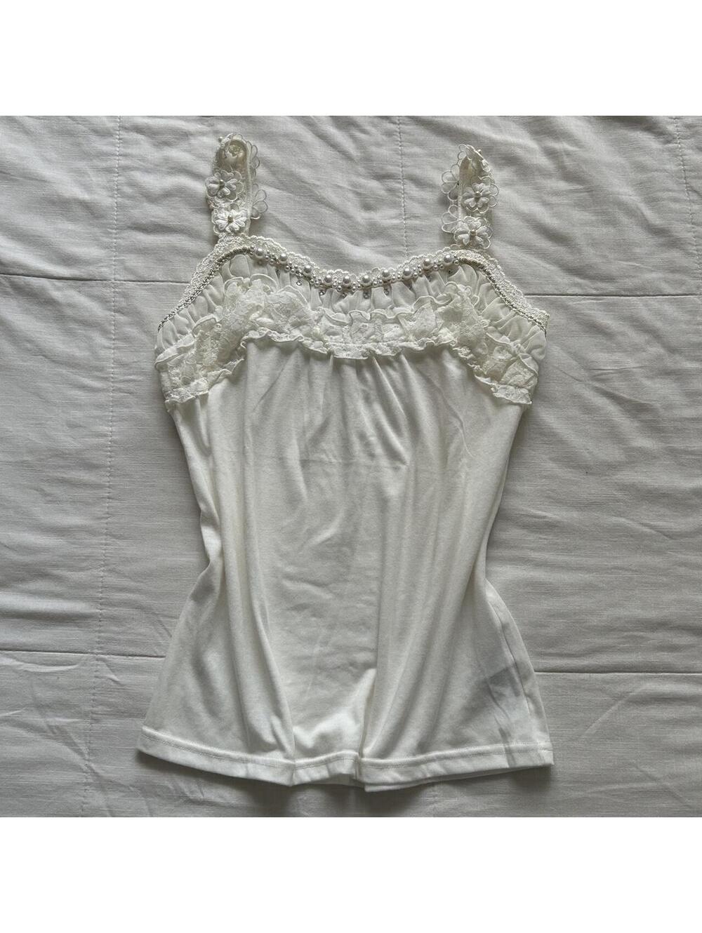 Axes Femme Ivory Camisole Lace Ruffle Pearl Floral Straps Medium Japan